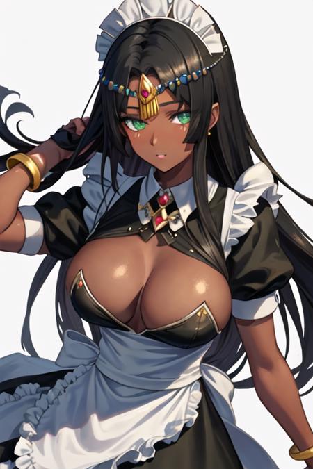 best quality, masterpiece, highres, solo, {maid:1.40}, {long maid dress:1.15}, {scheherazade_fgo:1.15}, long_hair, black_hair, dark-skinned_female, dark_skin, green_eyes, circlet, breasts, forehead_jewel, jewelry, large_breasts, hat