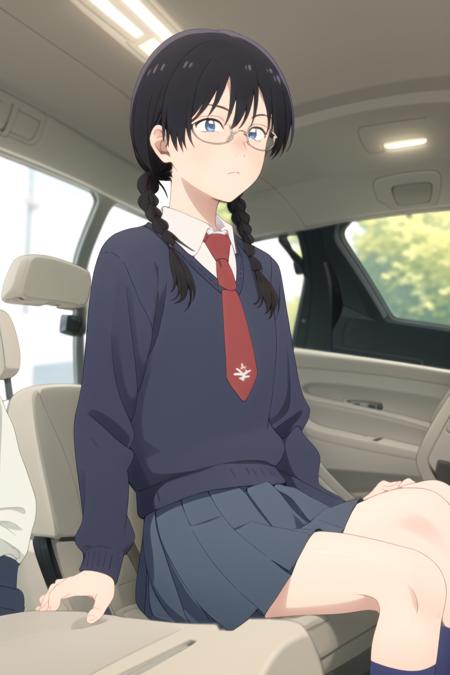 masterpiece, best quality, high quality, highres, high res, absurdres, ultra-detailed, best anatomy, detailed eyes, perfect eyes,
Sitting, pretending to be driving a race car,
makoto_kurume, opaque glasses, solo, 1girl, braid, blue eyes, skirt, shirt, black hair, twintails, school uniform, pleated skirt, necktie, shoes, glasses, socks, collared shirt, twin braids, sweater, blue skirt, red necktie, loafers, long skirt, blue sweater, <lora:makoto_kurumeV1:0.85>