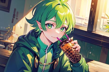 1boy, upper body portrait, male focus, solo,  <lora:barsrobintest-07:0.55>, (holding bubble tea cup, drinking from straw:1.1), (pointy ears:0.9), looking forward, drinking, at restaurant, green hair, green jacket, green capelet, happy, dynamic angle, beautifully lit