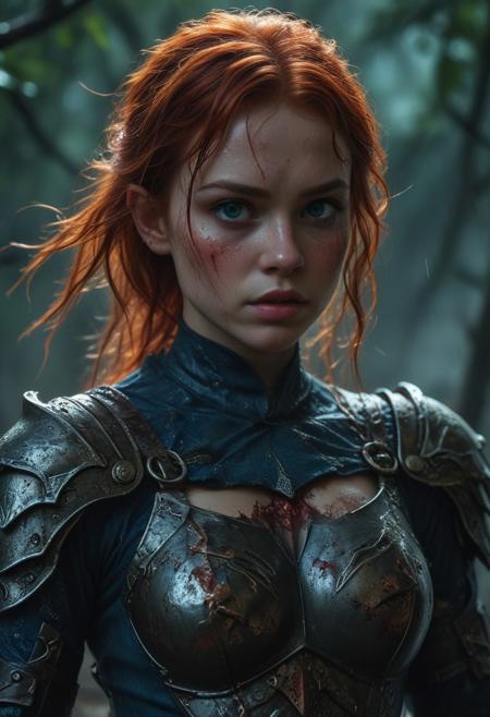 Ultra detailed digital art masterpiece Warrior girl dressed in a iron Armor, Standing on a bloody and stormy battlefield, standing in combat pose, dark fantasy medieval Town, perfect lighting, beautiful Sadie Sink as Warrior girl, attractive woman, elegant, unreal engine 5 nanite quality, mixed with dark elements, dark environment, very dark night, clean dark velour witch clothing, LOTR style, dark washed out eyeliner, no make up, natural bloody face, realistic blue eyes, ultra detailed atmospheric details, beautiful glowing effects, sparkle effects, realistic body proportions, beautiful face proportions, complex masterpiece, wavy red hair, creative glowing detailed tattoos, complex physics, enhanced colors, complimentary colors, ultra detailed raytracing reflections, Ultra detailed complex background, environment feels alive, direct eye contact, dramatic lighting, wet and sweaty skin, beautiful firm Breasts, Concept art portrait by Greg Rutkowski