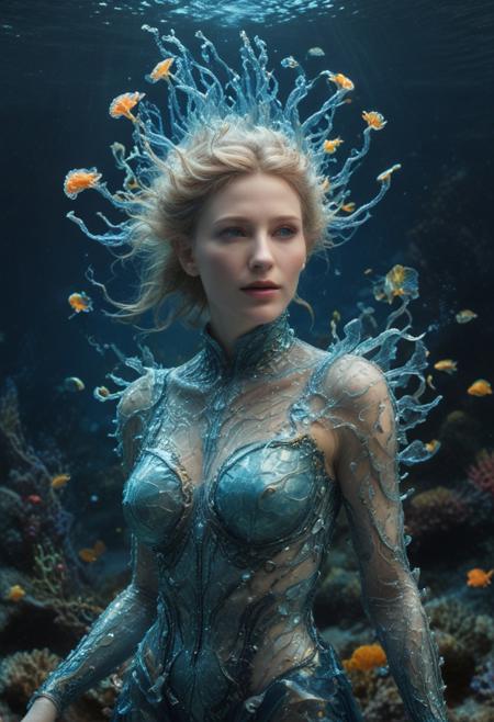 Cate Blanchett, fusion, deep-sea alien sorceress blended perfectly with Atlantean queen, mystical coral reef, translucent jellyfish-like armor, soft glow, deep blue ocean, iridescent sheen, ethereal gown, bioluminescent algae, watery silk, ocean currents, conjuring, glowing electric eels, fluorescent coral, vibrant colors, magical glow, cosmic wisdom, ancient power, surreal aquatic landscape, Unreal Engine VFX, holographic crown, luminous skin, natural lighting, HDR, Canon EOS 1D X Mark III, f/4.0, ISO 400, hyper-realistic underwater environment, ripples, fish, light rays, depth, dimension, AI-enhanced, digital creation, 32K smooth HDR, 128K HDR, high-res, stunning makeup, detailed face, fingers, eyes, nose, lips, hairstyle, bold colors, captivating expressions, natural lighting, Steven Spielberg VFX, CGI, practical lighting, NVIDIA RTX 3090 GPU, DeepArt.io, Artbreeder AI, LCM-LoRA DetailedFace:1.2, DetailedHand:1.1, DetailedMaster:1.0, DetailedEyes_xl:1.2, BetterSkinXL:1.1, 1,300 digital effects, Unreal Engine-rendered, smart HDR, 128K, CGI Unity.