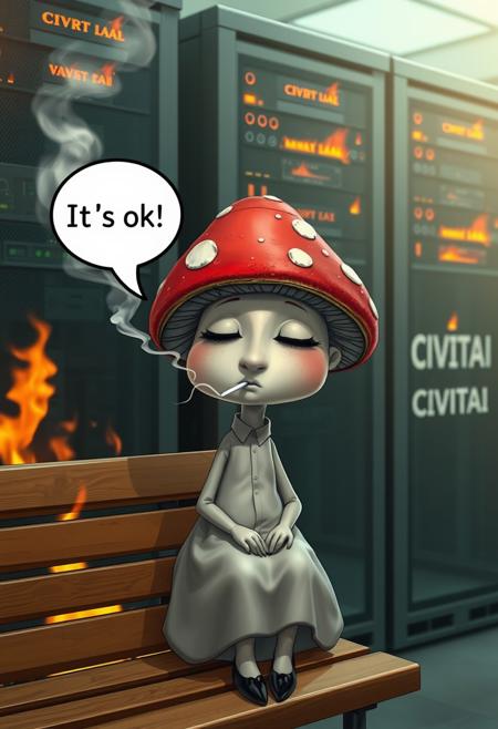 Mushroom woman with closed eyes smoking on bench, speech bubble "It`s ok" against the backdrop of burning servers, on the server rack is the text: "CIVITAI"