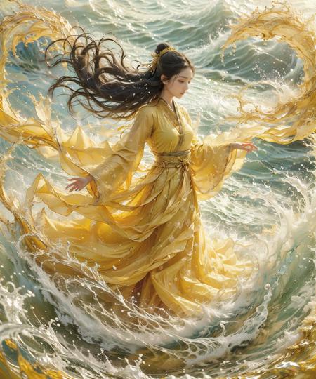 haifeisi,1girl,solo,long hair,water,closed eyes,chinese clothes,long sleeves,waves,hanfu,black hair,floating hair,wide sleeves,hair bun,sash,yellow dress,closed mouth,
Best quality,masterpiece,ultra high res,<lora:20240122-1705924259525-0015:0.65>,