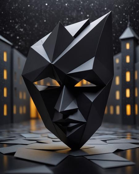 Cubist artwork On pale black paper, Origami, 3D Rendering of a ("Masked Ball":1.3) , it is Biopunk, city street and Draco constellation in background, Raining, deep focus, Rembrandt lighting, full of color, most beautiful artwork in the world, <lora:FF.108dynavisionXLAllInOneStylized_release0534bakedvae.LyCORIS:1.95>, abstract art by Peter Zumthor . Geometric shapes, abstract, innovative, revolutionary