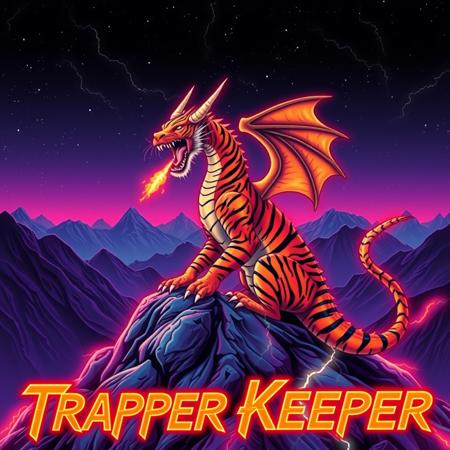 A tiger-striped dragon sitting on a mountain-top. Orange and black stripes.  Two horns.  Dragon Wings. Roaring.  Breathing fire.
Background mountains at night. Cosmic skyscape.  Synthwave colorscheme. Very realistic, fantasy illustration.
with the phrase "Trapper Keeper" emblazoned in 3D, intricate, lightning patterns, with a predominantly neon colors,
