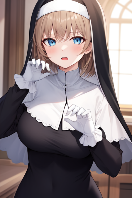 nun, upper body, open mouth, light brown hair, POV, own hands together, capelet, large breasts, white gloves, short hair, blue eyes