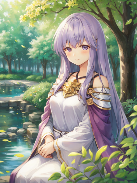 masterpiece, best quality, julia fe,  <lora:Julia_FE-10:1>, 1girl, solo, long hair, looking at viewer, blush, smile, nature, pond, trees, park, long sleeves, dress, bare shoulders, medium breasts, very long hair, wide sleeves, cape, white dress, circlet