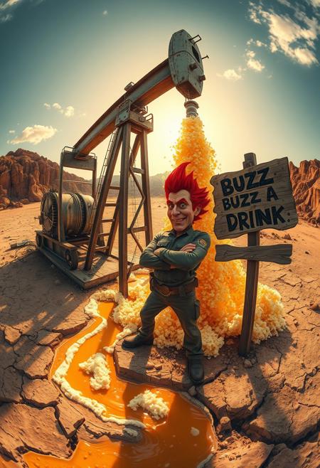 “A massive industrial oil extraction pump working tirelessly in a rugged desert landscape. Instead of crude oil, golden frothy beer erupts from the pierced ground, splashing chaotically under the scorching sun. Foamy rivers of beer flow through the cracked earth, reflecting warm amber hues. Nearby, Sideshow Bob, wearing a rugged oil worker’s suit, stands with a smug expression, arms crossed as he watches the beer gushing. His wild red hair contrasts against the industrial scene. A weathered, rotten wooden sign leans precariously near the pump, with faded, barely legible text: ‘BEERSTRACTION PUMP’ and ‘BUZZ 4 A DRINK’ scrawled in messy, dripping paint. The shot is taken with an extreme 12mm fisheye cinema lens, creating a dramatic, distorted perspective—curved horizon, exaggerated depth, and an immersive wide-angle view. Ultra-detailed, hyperreal textures with a painterly touch, deep contrast, and dynamic lighting.”