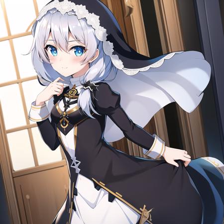 (masterpiece:1.2), (best quality:1.3), valkyrie_pledge, 1girl, standing, cowboy_shot, slight_smile, flat_chest, black_dress, long_sleeves, nun, veil, <lora:valkyrie_pledge_v5-000010:1>