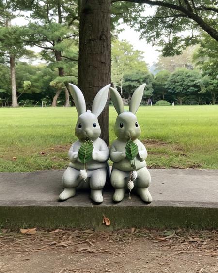 scenery, no humans, outdoors, signature, tree, shadow, grass, nature, leaf, realistic, sunlight, traditional media, road, real world location, multiple rabbits, 2girls <lora:rabbit_statue_v1:0.7>, 1girl cheek to cheek, couple sitting