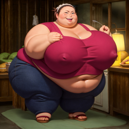 middle-aged, obese, woman, shirt, apron, pants, sandals, headscarf, brown hair in a bun