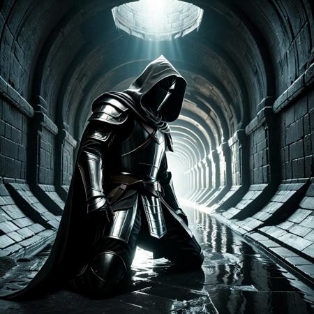 epic a hooded knight with hood, ruined temple, sunbeam, dynamic pose as if mid-battle, cinematic volumetric lighting, hyper-realistic marble texture, 8k resolution, dramatic shadows, Unreal Engine 5 rendering, cool, serene, magic hour, tunnel, sewer tunnel, reflection, creepy, dark, dirty,