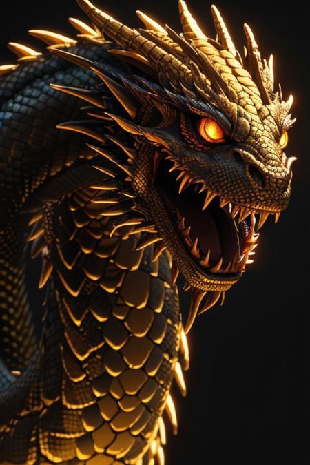 Asian dragon gold snake gradient vibrant neon colour, rough, textural, broad brush strokes, red color prominent detailed, alienzkin, silhouette, spotlight, dark theme, c4d, blender, raytracing, unreal engine 5, render 3d, face close up,