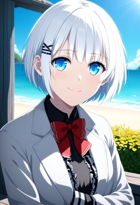 White hair, short hair, blue eyes, xhairclip hairclip