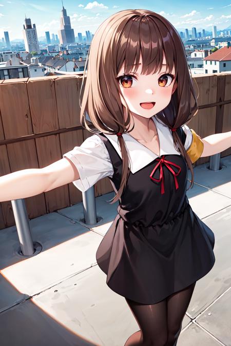 masterpiece, best quality, highres, aamiko, long hair, low twintails, blunt bangs, collarbone, neck ribbon, red ribbon, pinafore dress, short sleeves, armband, black pantyhose, <lora:iino_miko_v1:0.8>, outstretched arms, rooftop, smile, open mouth, city,