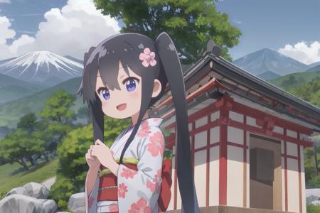 1girl, watahana, cheerful smile, open mouth, (twintails:1.1), 
hair ornament, hair flower, 
kimono, japanese clothes, 
standing, outdoors, shrine, sky, mountain
 <lora:Wataten_Hana-v10:0.8>