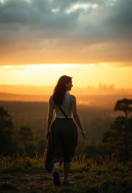 lone roguish female figure, walking away, glancing over shoulder, distant cityscape, transitioning from forest to urban environment, golden light of early morning or late afternoon, cinematic, journey progression, emotional warmth, subtle glance, candid, moment of doubt or hesitation, reflection on the journey, (forest in the background:1.2), city on the horizon, inviting introspection, natural light, dramatic lighting, depth of field, (captured naturally:1.2), (detailed background:1.3), (photorealism:1.4), 8k UHD, (blurry:-1.3), (lowres:-1.5), (ugly:-1.2), (mutated:-1.4), (worst quality:-1.4), (bad anatomy:-1.3), (cartoon:-1.1), (sketch:-1.1), (distorted proportions:-1.3), (extra limbs:-1.5), (cgi:-1.4), (extra characters:-1.5), (savanna:-1.4)