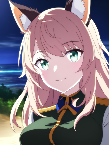 portrait, (solo, 1girl), portrait, (solo, 1girl), night time, dark, large breasts, (Light Green eyes), long hair,(Orange hair) large amount of hair, (Dark Brown military uniform), beach, sea background, best quality, 1girl, fox tail, fox ears, smile, closed mouth, (anime, waifu, new, newest:1.2), (anime, waifu, new, newest:1.2)
(exceptional, best aesthetic, new, newest, best quality, masterpiece, extremely detailed, anime, waifu:1.2)  <lyco:NotSHAFT_v2-epoch05-Dadapt-WD15BWeeb:1.0>