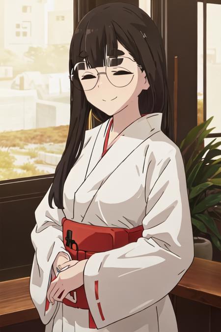 best quality, masterpiece, highres, solo, {white kimono:1.35}, {red hakama:1.35}, {wide sleeves:1.20}, {toba_minami_yurucamp:1.15}, long_hair, bangs, closed_eyes, glasses, thick_eyebrows, black_hair, brown_hair, smile, closed_mouth