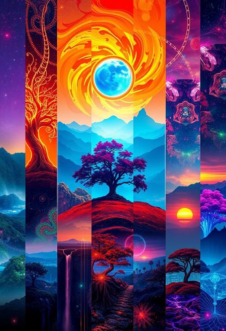 A digital cyberpunk art splash in the style of bo-cyborgsplash, a vibrant and mystical landscape depicted in a series of vertical banners, each featuring a different color palette, the first banner on the left shows a glowing tree with intricate patterns, the second banner features a swirling orange and red design, the third banner features an abstract landscape with a tree in the center, the fourth banner showcases a glowing blue planet in the sky, the fifth banner showcases an otherworldly landscape with distant mountains, the sixth panel showcases a distant landscape with trees and distant structures, the seventh panel showcases an ocean scene, the eighth panel features a mystical tree with vibrant colors, the ninth panel displays a stunning sunset landscape, the final panel features an ethereal landscape with glowing elements, the overall effect is a mesmerizing and captivating image that exudes a sense of otherworldly beauty<lora:boFLUX Cyborgsplash.safetensors:1.0:1.0>