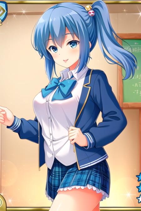 masterpiece, best quality, highly detailed background, perfect lightingbest quality, <lora:Oribe-Chika:0.8>, 1girl, solo, blue hair, side ponytail, blue eyes, breasts, blue jacket, white shirt, blue bowtie, blue skirt, plaid skirt, school uniform, smile, pink lips.