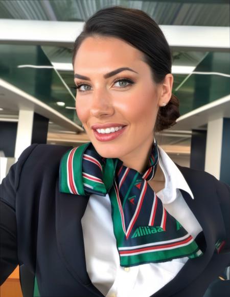 dark theme, (upper body portrait shot of a woman wearing  alitalia uniform jacket,alitalia uniform silk scarf, alitalia white shirt:1.2), a pretty cute woman with hair bun hairstyle,joy emotion, (looking at viewer:1.2), (office girl:1.5), (dynamic pose), posing in luxury office, ((victory rolls hair)), intricate detailed long, 4k, 8k, (intricate details:1.12), hdr, (intricate details, hyperdetailed:1.15), soft cinematic light, dramatic atmosphere, atmospheric perspective, (natural skin texture, hyperrealism, soft light, sharp), pale skin, (fashion photography), cleavage, <lora:alitalia:1>,