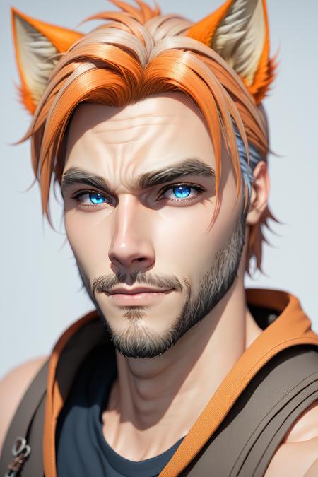 Roiadan Vanzey,  solo,  looking at viewer,  short hair,  blue eyes,  gruff,  two tone hair,  orange hair,  grey hair,  streaked hair,  animal ears,  brown eyes,  male focus,  sleeveless,  cat ears,  facial hair,  portrait,  beard, <lora:EMS-43353-EMS:0.400000>