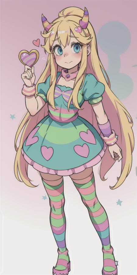 Blonde hair, blue eyes, heart-shaped cheek marks, pink horns, green dress with pink heart design, holding a star wand, striped pink and purple leggings, purple boots with monster face design, <lora:Star_Butterfly:1>, striped socks, standing