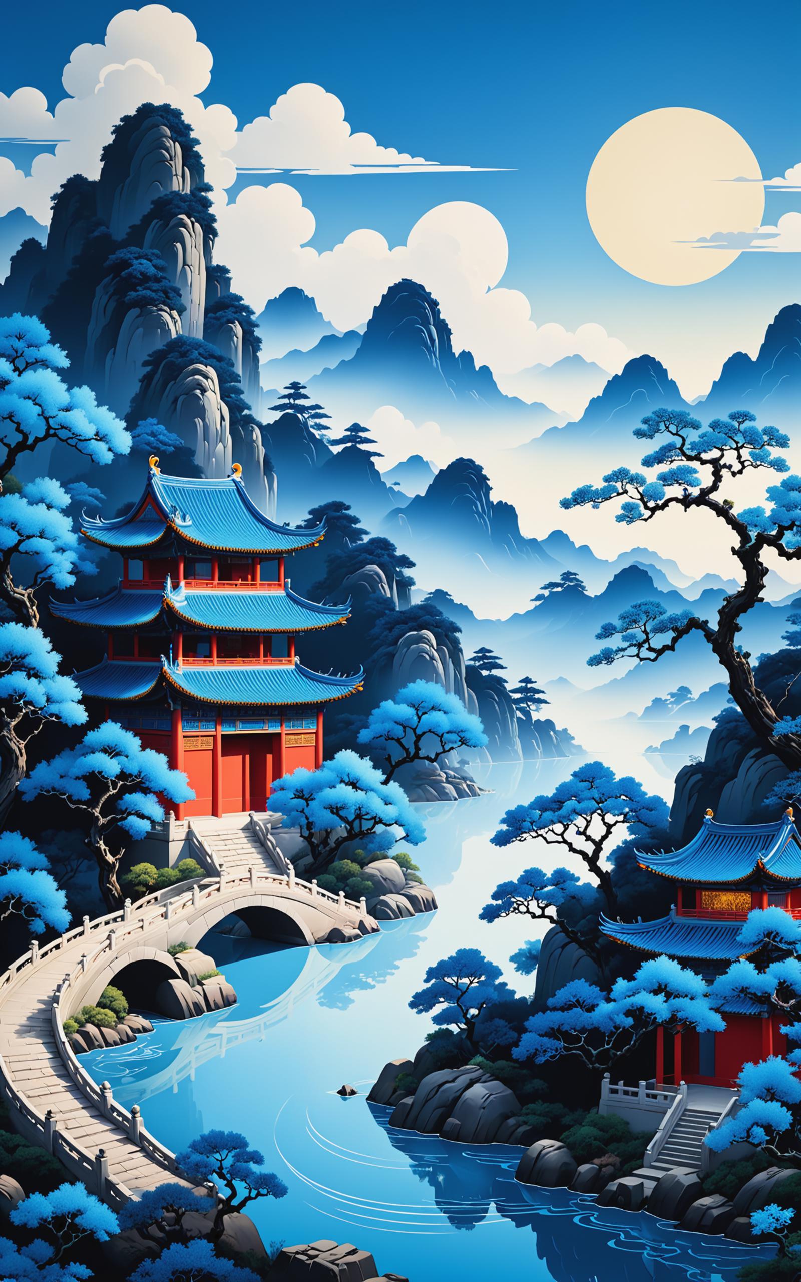 A beautifully painted scene of a pagoda and a bridge in a mountainous area with a lake.
