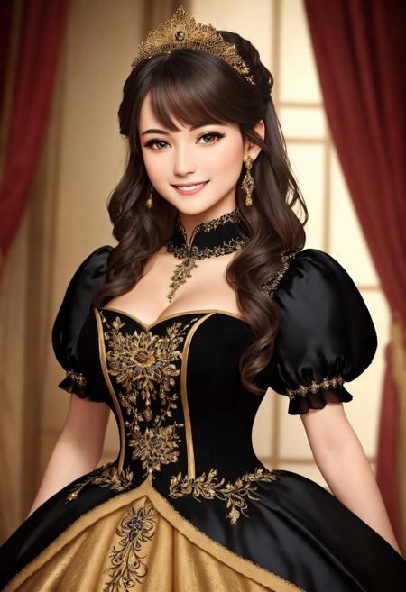 Masterpiece, absurdres, fine detail, HDR, highly detailed face and eyes, photorealistic, smiling, excited, ballgown, a woman in a black dress posing for a picture , wearing a ballgown, superb golden embroidery,<lora:ballgown:0.7>