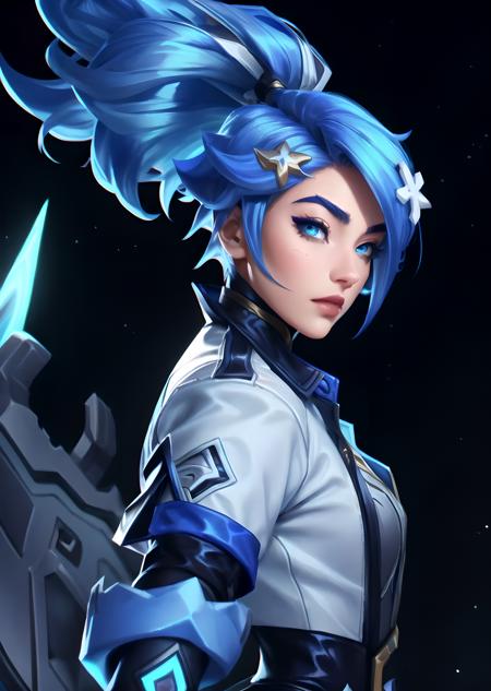 Akali drx, 1girl, solo, long hair, blue eyes, hair ornament, blue hair, jacket, upper body, ponytail, shiny hair, star hair ornament, space, cowboy shot, looking at viewer, (masterpiece:1.2, best quality), <lora:Akali_DRX_1:0.8>, short sleeves, black gloves, holding weapon, from side