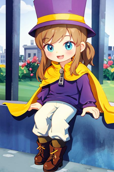 hatkid, child, brown hair, medium hair, blue eyes, top hat, yellow cape, purple jacket, zipper, white pants, boots, :d, sitting, city <lora:hatkid:1>