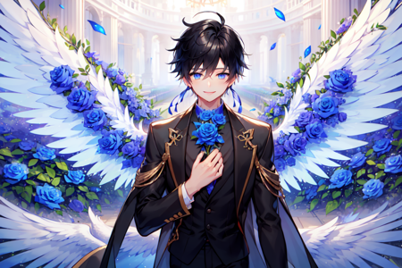 solo, 1boy, black hair, black suit, blue eyes, gently smile, hand on chest, blue rose flowers, blue flowers, leaves, from front, glance at viewer, flower wings