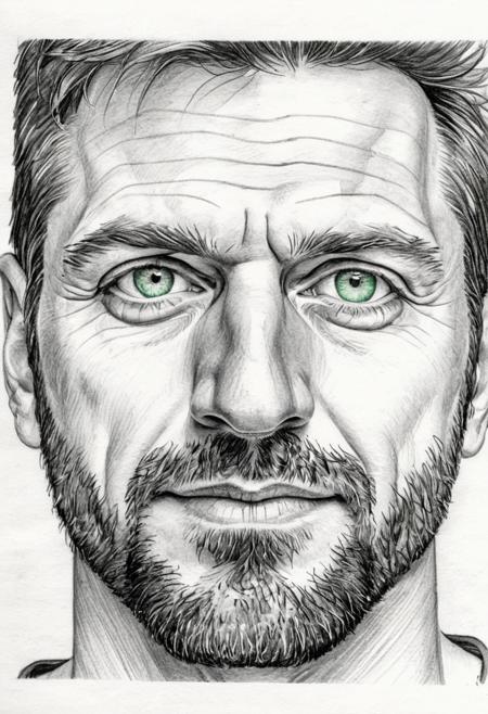 pencil sketch, man, male, AndrwTggrt, face shot, 42 years old, looking at viewer, handsome, beautiful, attractive,  green eyes