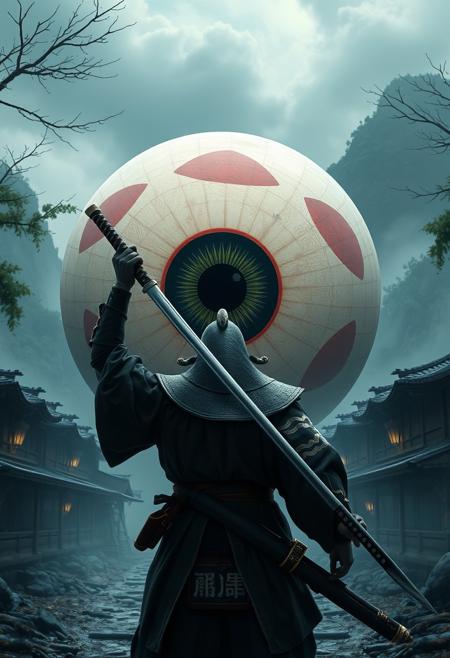 cinematic, 32k, hyper detailed, a samurai holding a sword against a giant eyeball, long sword, japanese costume, japanese village