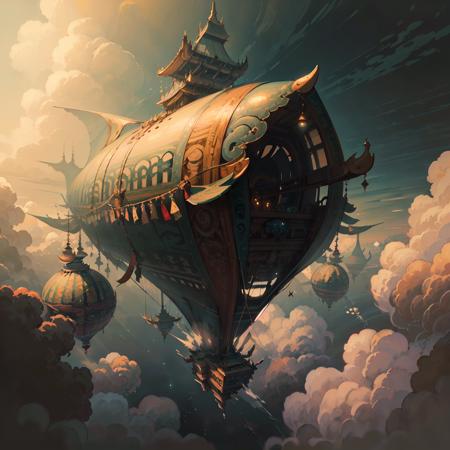 <lora:JavaPunkAI:.9> JavaPunkAI dirigible in skies, clouds