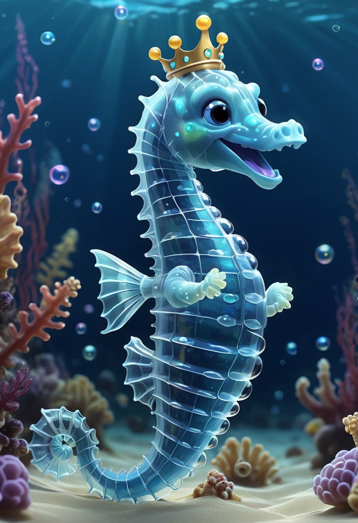 pixar style of  transparent seahorse king, crown, wand,  tinny cute, ((( luminous))), in the ocean,  , bubbles, smile, hig...