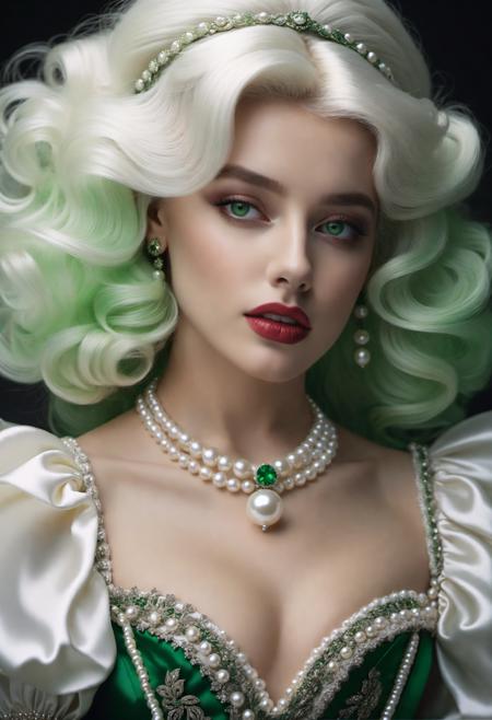 glamour portrait shot of a princess with green eyes and biting her lip looking seductively at the viewer, masterpiece, best quality, dslr, 8k, 4k, ultrarealistic, realistic, raytracing, subsurface scattering, (raw photo, fashion editorial), 1girl, white wig, bouffant, dark shot, rococo, seraphim, dress, pearls, cloud faded, film grain, muted colors, photography, epic realistic, (by Franois Boucher), long hair,