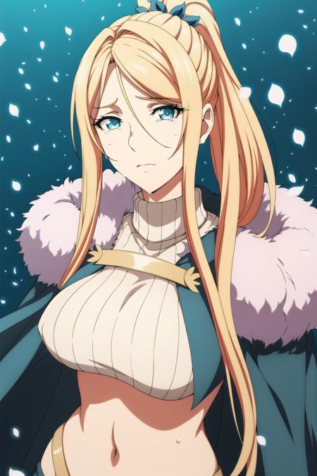 blue sky,snowing, (tears:1.5), 
 blue coat, fur-trimmed cape, gloves,navel,crop top, sweater, turtleneck,
<lora:Chloe_Morgan_KingdomsRuin-KK77-V1:0.7>,hair ornament, 
bangs, blonde hair,blue eyes,long hair,high ponytail, 
<lora:Oda_Non_Style-KK77-V2:0.3>,<lora:more_details:0.1>,
1 girl, 20yo,Young female,Beautiful Finger,Beautiful long legs,Beautiful body,
Beautiful Nose,Beautiful character design, perfect eyes, perfect face,expressive eyes,perfect balance,
looking at viewer,(Focus on her face),closed mouth, (innocent_big_eyes:1.0),serious, 
official art,extremely detailed CG unity 8k wallpaper, perfect lighting,Colorful, Bright_Front_face_Lighting,White skin,
(masterpiece:1.0),(best_quality:1.0), ultra high res,4K,ultra-detailed,
photography, 8K, HDR, highres, absurdres:1.2, Kodak portra 400, film grain, blurry background, bokeh:1.2, lens flare, (vibrant_color:1.2),professional photograph,
(Beautiful,Breasts:1.0), (beautiful_face:1.5),(narrow_waist),