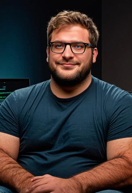 ((cinematic hazey atmosphere, romantic movie, romance film, arthouse film)), ((dark, night nighttime, dark background, shadows)), Tanned chubby 30 year old German man, wearing a black t-shirt and blue jeans, light brown messy hair, glasses, stubble, doublechin, broad face, blue green eyes, big fat arms, big neck, big belly, (nerd, programmer, coder), gentle smile, (sitting in dark office at night while programming on a high-tech computer),