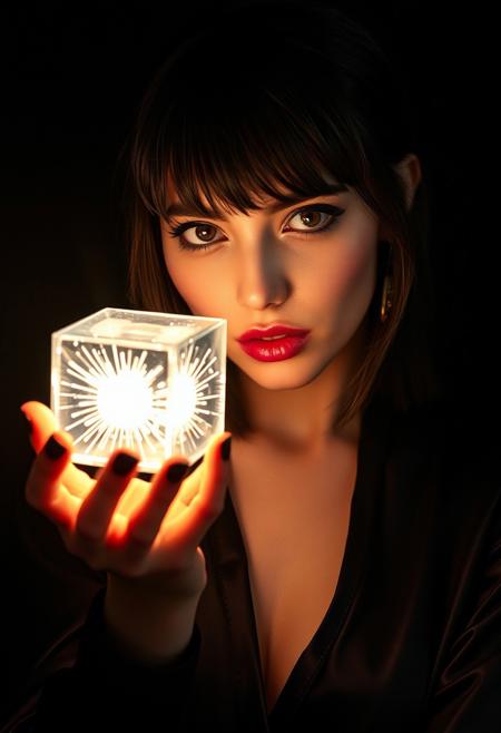 Detailed full body editorial photography,a pitch-black hypercube with no lighting curtain bangs hair and brown eyes eyeliner eyeshadow looking curiously at her hands cupped in front of her holding on to a small hypercube that emits light with the radiance of a thousand suns with half square ricocheting solar filaments , slightly grimacing,  sharp in-focus portrait, dark satin shirt with plunging neckline, sharp focus, digital art, dynamic pose, detailed fashion photography, medium format film effect, deep shadows, oversaturated