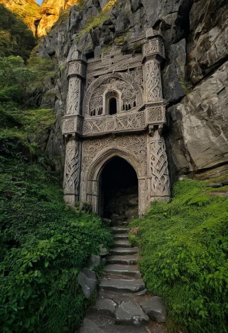raw photo, (closeup) (wideshot) a sunset landscape, PNW coast, forested ravine cliffs, , cozy, photorealistic, abandoned Towering Stone gateway entry into dark the side of rocky mountain cliff face, (dwarven: 1.39), high fantasy style, high detailed texture, 8k uhd, dslr, soft lighting, high quality, film grain, Fujifilm XT3, Sony A7 IV, highly detailed photography, (muted colors, cinematic, dim colors, soothing tones:1.2), vibrant, insanely detailed, hyperdetailed, (dark shot:1.2), (vsco:0.3), (intricate details:0.9), (hdr, hyperdetailed:1.2) (highest coherency: 1.39) (highest quality: 1.39) (rule-of-thirds) (award-winning) (masterclass) (highest resolution: 1.39) (castle architecture built into cliff: 0.69) (protruding from hillside) (rounded doorway) (glowing elven celtic knot designs) (carved from the rock: 1.49)