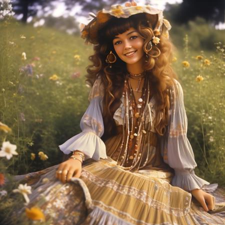 A vintage looking close up photo of a young woman with curly, chestnut brown hair, wearing a flowy bohemian dress with bell sleeves and a floral pattern. She is sitting on a patchwork quilt in a sunlit field surrounded by wildflowers. The environment is peaceful and idyllic, reminiscent of a hippie commune from the 70's. The lighting is soft and warm, casting a nostalgic glow, and the camera angle is slightly off-center, capturing the woman's natural beauty and free-spirited demeanor.
 <lora:RetroStyleV1:1> 60Retro69Punch75