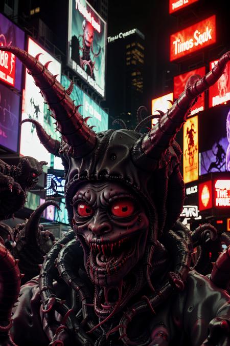 a photo of demonic aliens visiting times square, 4k, cinematic lighting, intricately detailed