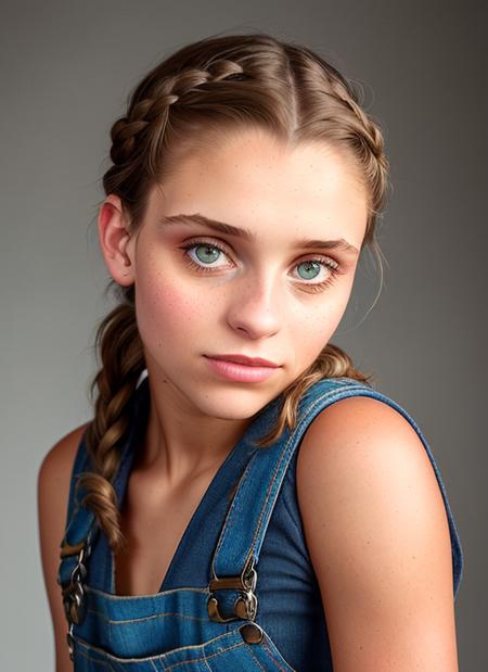 portrait of skswoman, confident , wearing overalls , with Side braid , background Alphonse Mucha , epic (photo, studio lighting, hard light, sony a7, 50 mm, matte skin, pores, colors, hyperdetailed, hyperrealistic), <lyco:Daniel Melchior:1.0>