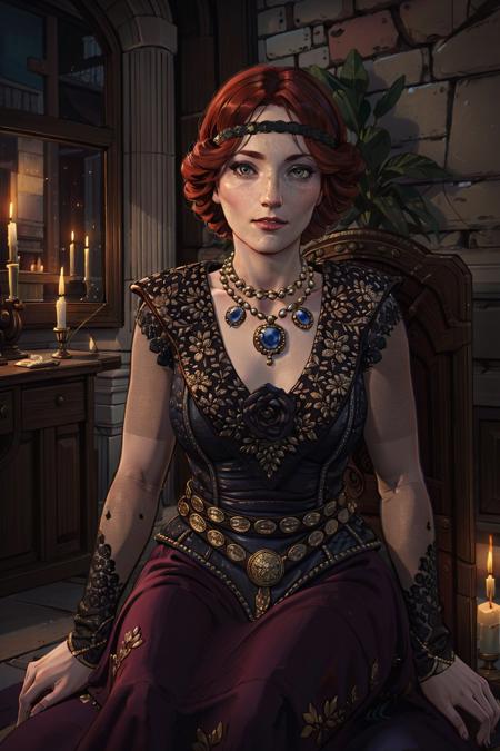 (masterpiece, best quality:1.2), <lora:orianna-18:0.7>, oriannaW3_soul3142, looking at viewer, long sleeves, dress,  sitting, red hair, freckles, headband, candle,