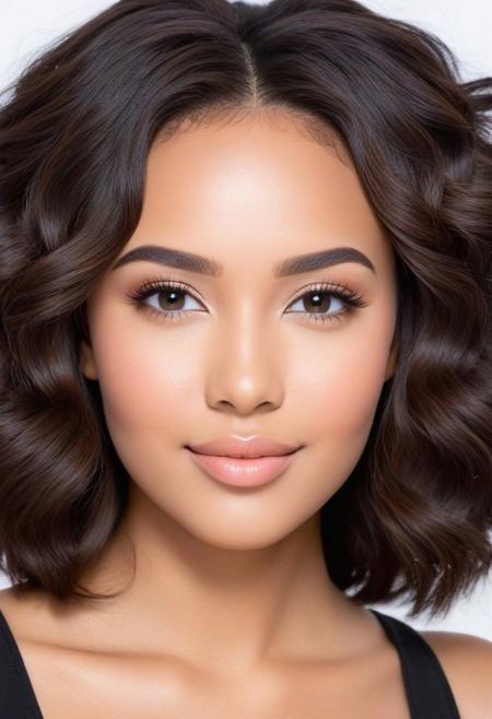 radiant complexion, warm complexion that doesn't conform to a specific skin tone, rich skin tone, blended heritage, symmetrical face, symmetrical eyes, harmonious face, high cheekbones, soft smile, expressive eyes, perfect eyes, well-defined eyebrows, lush hair, free flowing hair, soft wavey hair, natural hair tones, shimmering highlights, full figure, curvaceous figure, confident posture, big and beautiful, elegant poise, elegant garments, free flowing fabric, graceful attire, complement fit, majestic presence, welcoming posture, happy, smiling, radiating beauty, amorous, flirty
