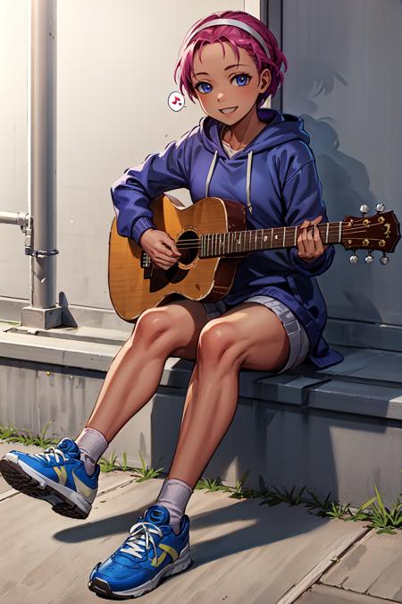 figure four sitting,smile,spoken musical note,<lora:fionaV1:0.9>,fiona,short hair,forehead,white headband,sneakers,hoodie,silo,(masterpiece, best quality, ultra-detailed, best shadow)