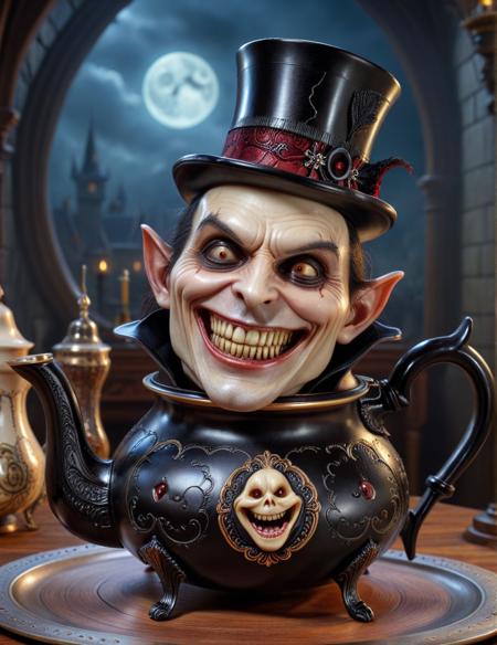 atai, <lora:AtayV2:0.8>masterpiece, best quality, very aesthetic, high quality,masterpiece,ultra-high resolution,incredible composition,extremely detailed, Hyper-detailed, 8K resolution, 
atai,  vampire style teapot, top hat, creepy laughing face,
 <lora:crazywhatever-style:1>