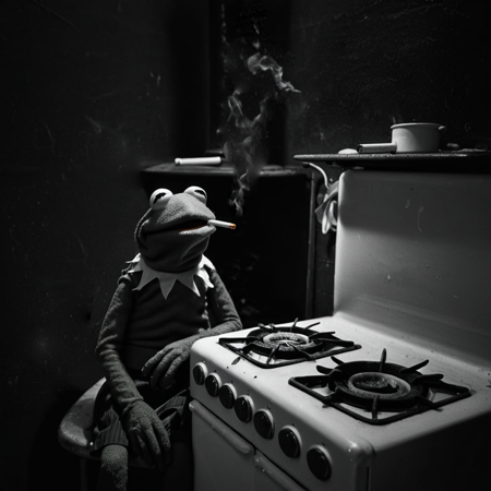 3h3dstyl, Kermit the Frog in dark vintage clothing sits rigidly beside an old gas stove, cigarette clamped between pursed lips; stark overhead lighting casts deep shadows on the cracked kitchen wall behind her, evoking a mood of eerie domestic stillness <lora:Eraserhead Style SDXL_v1:0.8> 3h3dstyl,monochrome, Kermit the Frog in dark vintage clothing sits rigidly beside an old gas stove, a cigarette clamped between pursed lips; stark overhead lighting casts deep shadows on the cracked kitchen wall behind her, evoking a mood of eerie domestic stillness <lora:Eraserhead_Style_SDXL:0.8>